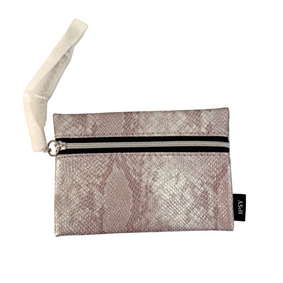 Ipsy Snakeskin Zip Change Purse Small Pouch Credit Card Holder Silver Chain Clip - Picture 2 of 8